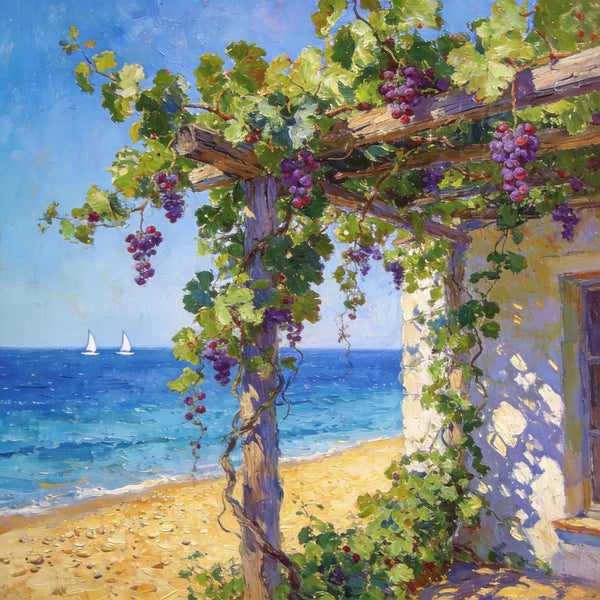 Hand Painted Canvas Art, Summer Glow on the Vine-Covered Terrace, Original Oil Paintings, Seashore Beach Paintings