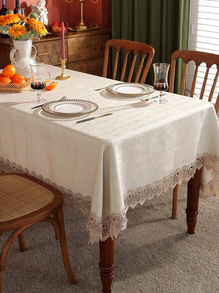 Large Simple Table Cloth for Dining Room Table, Beige Lace Tablecloth for Home Decoration, Modern Rectangle Tablecloth, Square Tablecloth for Round Table-artworkcanvas