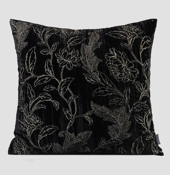 Contemporary Modern Sofa Pillows, Black Embroidery Flower Pattern Pillows for Couch, Decorative Throw Pillows for Bedroom, Large Modern Sofa Pillow for Dining Room-artworkcanvas