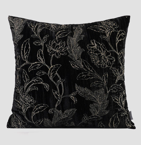 Contemporary Modern Sofa Pillows, Black Embroidery Flower Pattern Pillows for Couch, Decorative Throw Pillows for Bedroom, Large Modern Sofa Pillow for Dining Room-artworkcanvas