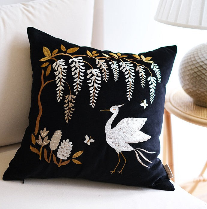 Embroidered Egret Cushion Vintage Decorative Pillows, Bird Art Throw Pillow For Sofa, Nature Inspired Home Accent