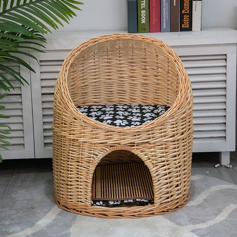 Large Cat House Basket with Washable Cushion for Indoor Cats and Dogs, Double-Layer Cat Bed-artworkcanvas