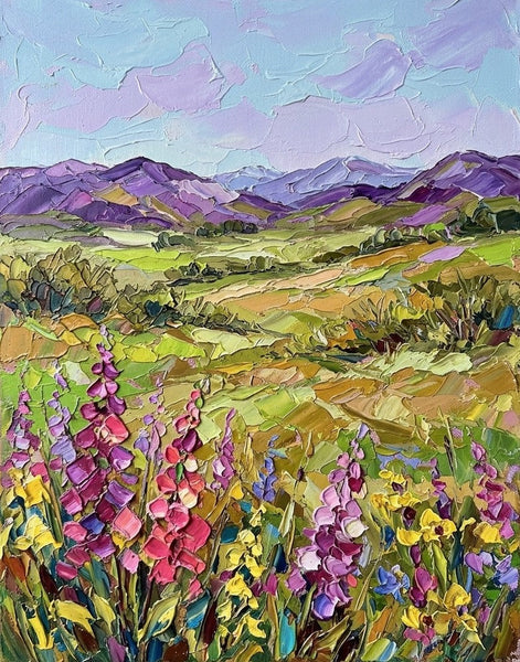 Original Landscape Paintings, Vibrant Wildflowers in Highland Pasture, Impasto Heavy Texture Art, Hand Painted Canvas Art, Small Canvas Artwork