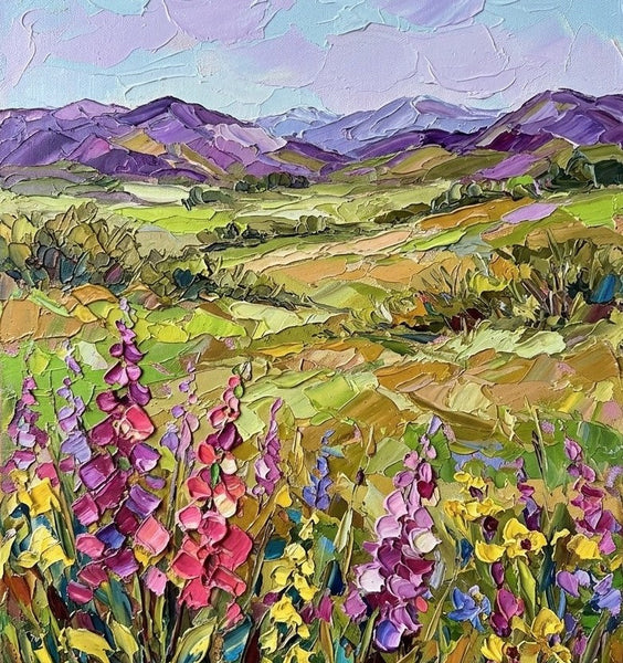 Original Landscape Paintings, Vibrant Wildflowers in Highland Pasture, Impasto Heavy Texture Art, Hand Painted Canvas Art, Small Canvas Artwork