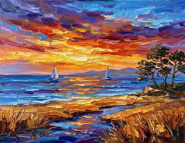 Hand Painted Canvas Art, Sailboats Beneath Sunset Blaze, Original Seascape Paintings, Small Oil Paintings, Landscape Canvas Paintings, Original Canvas Artwork