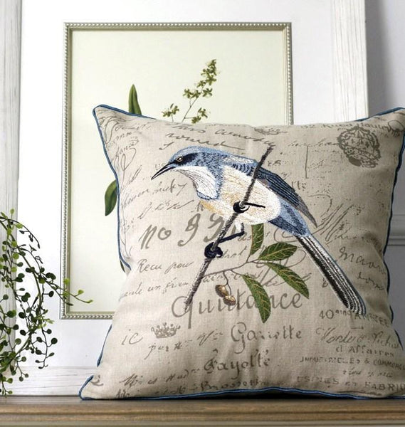 Rustic Sofa Throw Pillows, Decorative Throw Pillows for Couch, Bird Embroidery Pillows, Cotton and Linen Pillow Cover-artworkcanvas