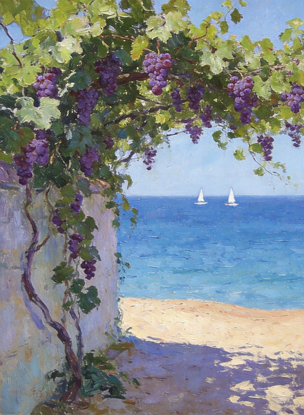 Hand Painted Canvas Art, Summer Glow on the Vine-Covered Terrace, Seashore Beach Paintings, Original Oil Paintings