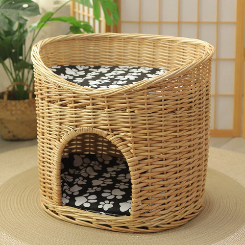 Washable Wicker Cat Bed, Wicker Cat House with Washable Cushion for Indoor Cats and Dogs-artworkcanvas