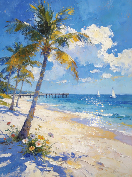 Small Oil Paintings, Sandy Beach Serenity, Palm Tree Beach Paintings, Canvas Paintings for Bedroom, Heavy Texture Artwork, Hand Painted Canvas Art, Original Landscape Paintings