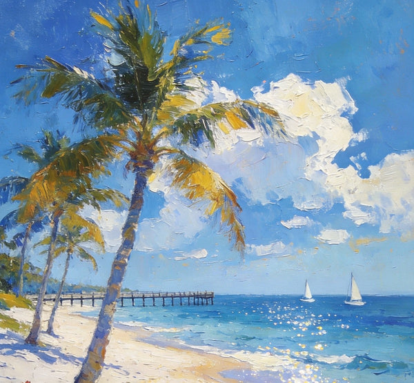 Small Oil Paintings, Sandy Beach Serenity, Palm Tree Beach Paintings, Canvas Paintings for Bedroom, Heavy Texture Artwork, Hand Painted Canvas Art, Original Landscape Paintings