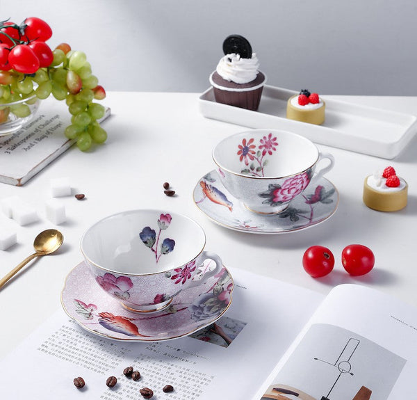 Unique Porcelain Cup and Saucer, Beautiful British Flower Tea Cups, Elegant Ceramic Coffee Cups, Creative Porcelain Tea Cup Set-artworkcanvas