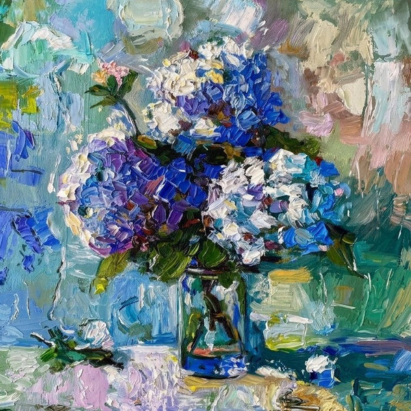 Still Life Painting, Blue Hydrangeas in Full Bloom, Hand Painted Canvas Art, Small Canvas Artwork, Original Flower Paintings, Impasto Heavy Texutre Art