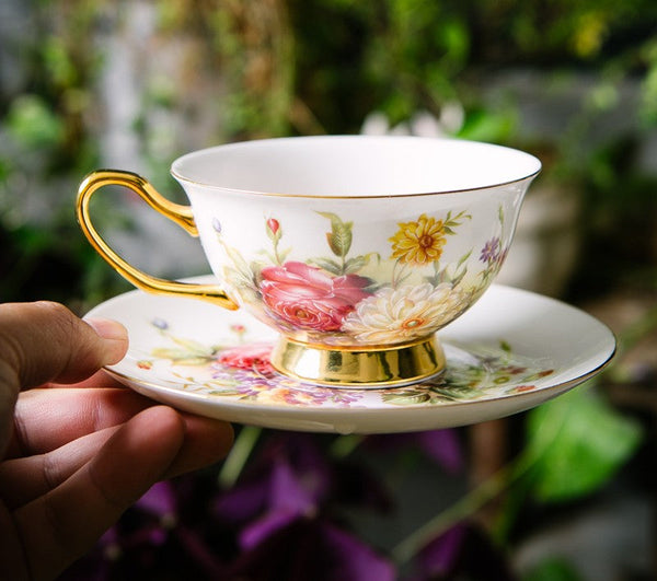 Elegant Rose Flower Ceramic Cups, Unique Royal Coffee Cup and Saucer, Creative Porcelain Tea Cup Saucer Set, Beautiful British Tea Cups-artworkcanvas