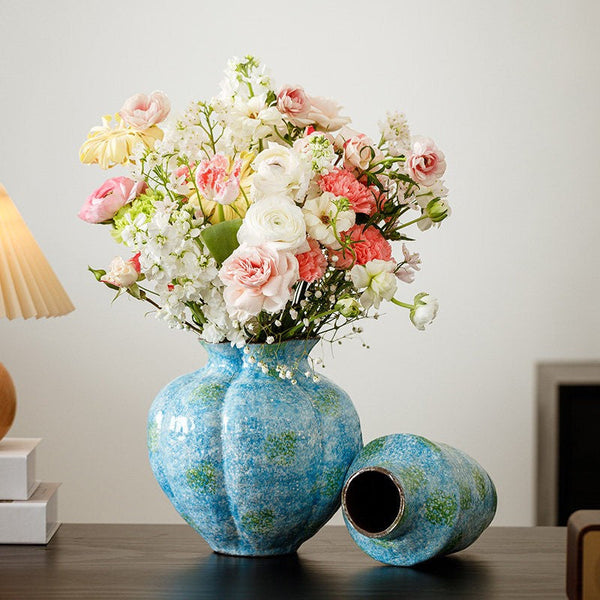 Centerpiece on Dining Table, Blue Flower Vase on Table, Handmade Water Holding Flower Vases, Pottery Flower Vases, Modern Bouquet Flower Vases-artworkcanvas