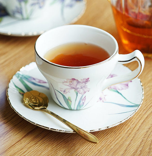 Iris Flower British Tea Cups, Beautiful Porcelain Tea Cup Saucer Set, Traditional English Tea Cup and Saucer, Unique Ceramic Coffee Cups in Gift Box-artworkcanvas
