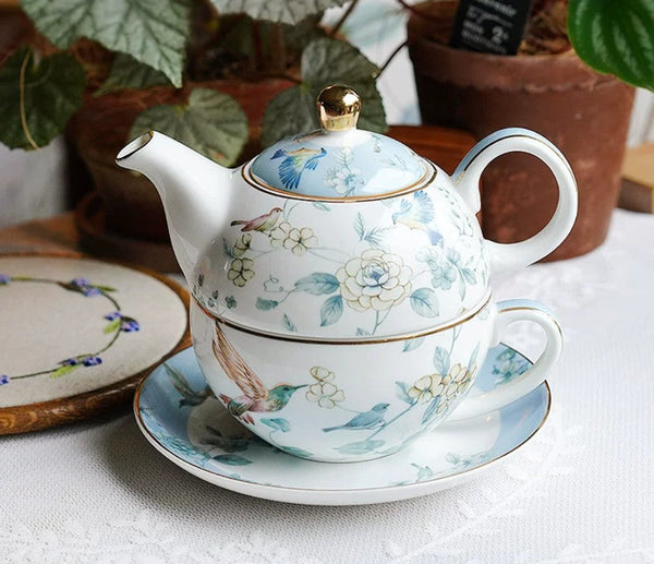 Stackable Teapot and Cup Set, Ceramic Tea Pot with Integrated Cup, Porcelain Teapot with Matching Cup and Saucer in Gift Box, Mother-and-Baby Teapot with Matching Saucer-artworkcanvas
