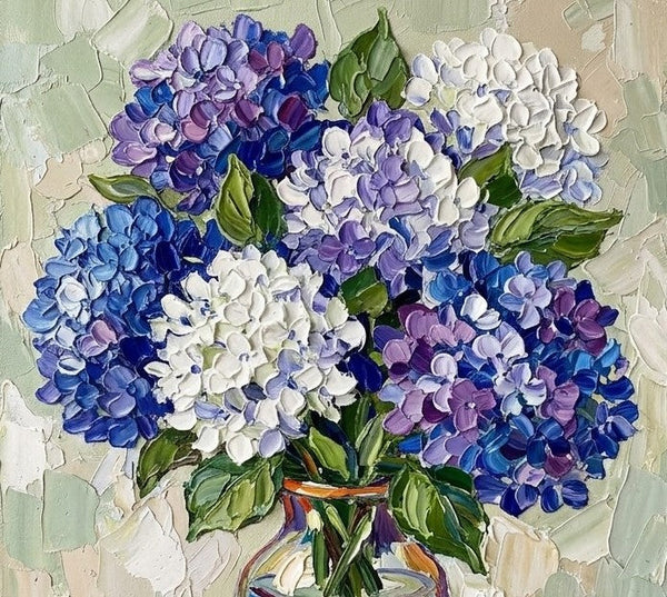 Original Oil Paintings, Blue and White Hydrangea Flowers in Glass Vase, Hand Painted Canvas Art, Original Flower Paintings, Small Canvas Art