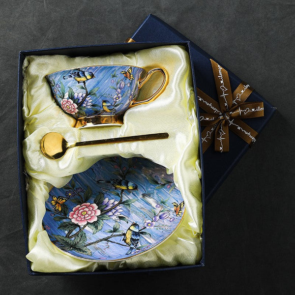Unique British Tea Cup and Saucer in Gift Box, Blue Bird and Butterfly Porcelain Tea Cup Saucer Set, 7.4 oz British Ceramic Coffee Cups-artworkcanvas