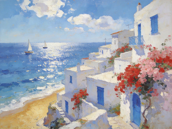 Original Oil Paintings, Santorini's Seaside Symphony, Seashore Paintings, Summer Resort, Hand Painted Canvas Art, Small Canvas Paintings, Landscape Wall Art Paintings, Landscape Paintings for Living Room-artworkcanvas