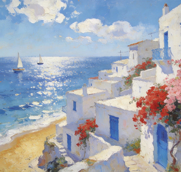 Original Oil Paintings, Santorini's Seaside Symphony, Seashore Paintings, Summer Resort, Hand Painted Canvas Art, Small Canvas Paintings, Landscape Wall Art Paintings, Landscape Paintings for Living Room-artworkcanvas