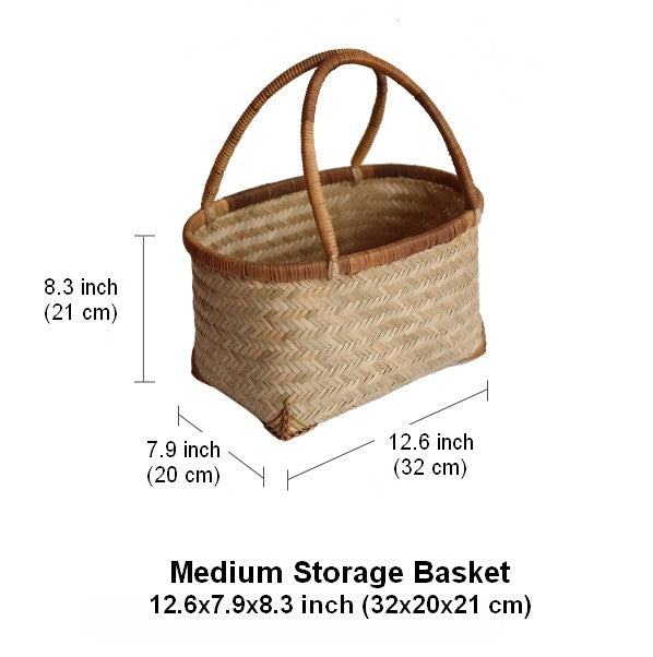 Storage Basket with Handle, Large Kitchen Storage Baskets, Natural Hand-woven Bamboo Storage Basket, Lovely Bamboo Weaving Baskets for Vegetable, Picnic Fruit Storage Baskets-artworkcanvas