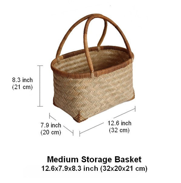 Storage Basket with Handle, Large Kitchen Storage Baskets, Natural Hand-woven Bamboo Storage Basket, Lovely Bamboo Weaving Baskets for Vegetable, Picnic Fruit Storage Baskets-artworkcanvas