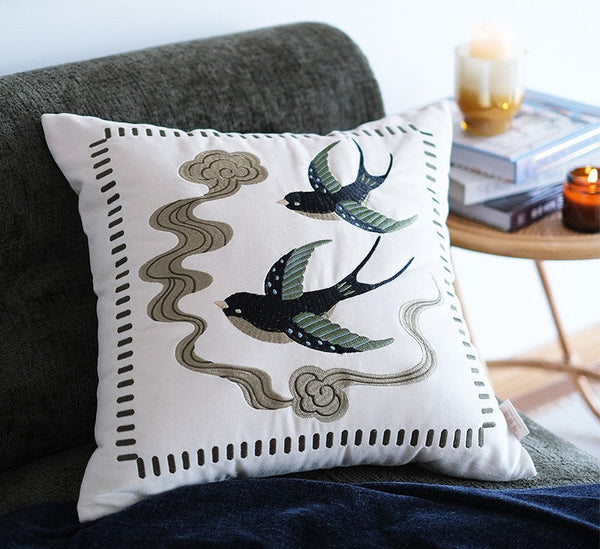 Luxury Decorative Pillows for Couch, Modern Throw Pillows for Couch, Vintage Decorative Pillows, Embroidered Swallow Birds Cushion, Decorative Pillow Arrangement Ideas for Bed-artworkcanvas