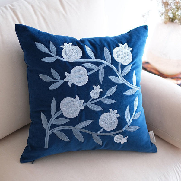 Blue Embroidered Pomegranate Cushion, Large Decorative Pillows for Couch, Living Room Decorative Pillows, Modern Throw Pillows for Bedroom, Decorative Pillow Arrangement Ideas for Couch-artworkcanvas