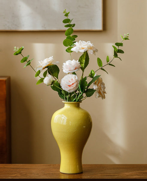 Porcelain Flower Vases, Handmade Water Holding Flower Vase, Yellow Flower Vases on Table, Ceramic Bud Vases-artworkcanvas