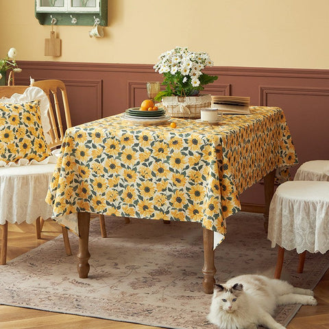 Modern Rectangle Tablecloth for Dining Room Table, Yellow Sunflower Pattern Farmhouse Table Cloth, Square Tablecloth for Round Table-artworkcanvas