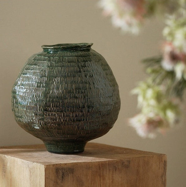 Centerpiece Ceramic Bouquet Vases, Green Porcelain Vases for Modern Home Decor, Large Contemporary Vases on Dining Table, Handmade Modern Flower Vase-artworkcanvas