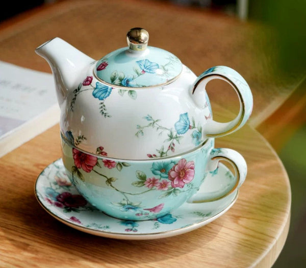 Porcelain Teapot with Matching Cup and Saucer in Gift Box, Stackable Teapot and Cup Set, Ceramic Tea Pot with Integrated Cup, Mother and Baby Teapot with Matching Saucer-artworkcanvas