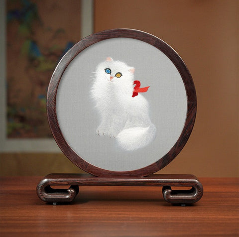 Exclusive Business Present, Lovely Kitty Cat Embroidered Decor, Premium Souvenir, Unique Birthday Gift, Traditional Chinese Suzhou Kitten Embroidery Ornament-artworkcanvas
