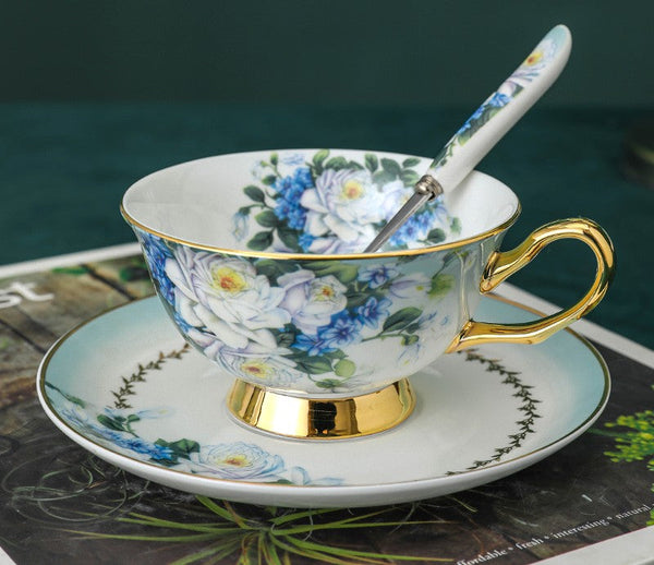 Elegant British Ceramic Coffee Cups, 7.4 oz Tea Cup and Saucer in Gift Box, Royal Porcelain Tea Cup Saucer Set, Rose Flower Pattern Ceramic Cups-artworkcanvas