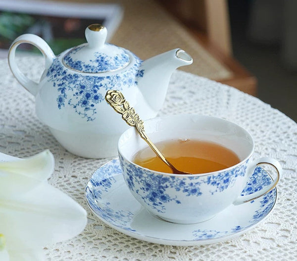 British Style Porcelain Teapot with Matching Cup and Saucer in Gift Box, Ceramic Tea Pot with Integrated Cup, Stackable Teapot and Cup Set, Mother-and-Baby Teapot with Matching Saucer-artworkcanvas