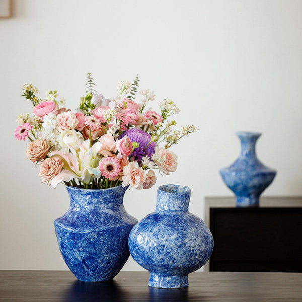 Handmade Water Holding Flower Vases, Centerpiece on Dining Table, Blue Pottery Bud Vases, Large Flower Vases on Table, Modern Pottery Flower Vases-artworkcanvas