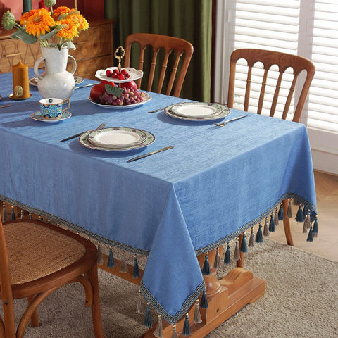 Modern Rectangle Tablecloth, Large Simple Table Cover for Dining Room Table, Square Tablecloth for Round Table, Blue Fringes Tablecloth for Home Decoration-artworkcanvas