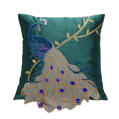 Decorative Sofa Pillows, Decorative Pillows for Couch, Beautiful Decorative Throw Pillows, Green Embroider Peacock Cotton and linen Pillow Cover-artworkcanvas