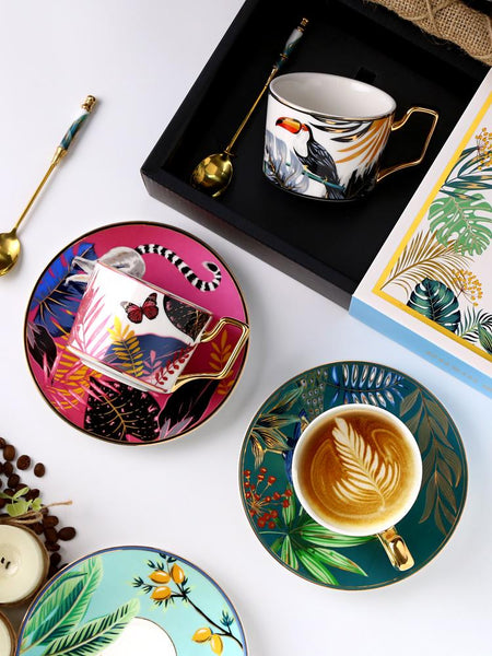 Butterfly Pattern Porcelain Coffee Cups, 7.4 oz Coffee Cups with Gold Trim and Gift Box, Tea Cup and Saucer-artworkcanvas