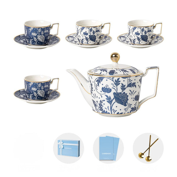 Ceramic Coffee Cup with Saucer in Gift Box, 8 oz Blue Porcelain Tea Cup and Saucer Set of 4 cups, British Traditional Afternoon Tea Cup Set with Teapot-artworkcanvas