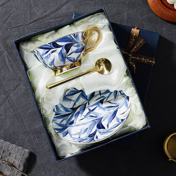 Blue Porcelain Tea Cup Saucer Set, 7.4 oz British Ceramic Coffee Cups, Unique British Tea Cup and Saucer in Gift Box-artworkcanvas
