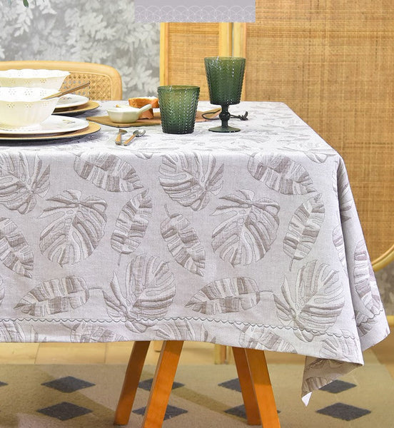 Monstera Leaf Modern Table Cloths for Kitchen, Simple Contemporary Grey Cotton Tablecloth, Large Rectangle Table Covers for Dining Room Table, Square Tablecloth for Round Table-artworkcanvas