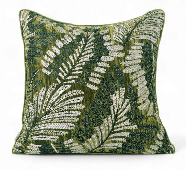 Large Throw Pillow for Interior Design, Embroidery Leaves Green Decorative Sofa Pillows, Luxury Decorative Throw Pillows for Couch, Large Square Modern Sofa Pillows-artworkcanvas