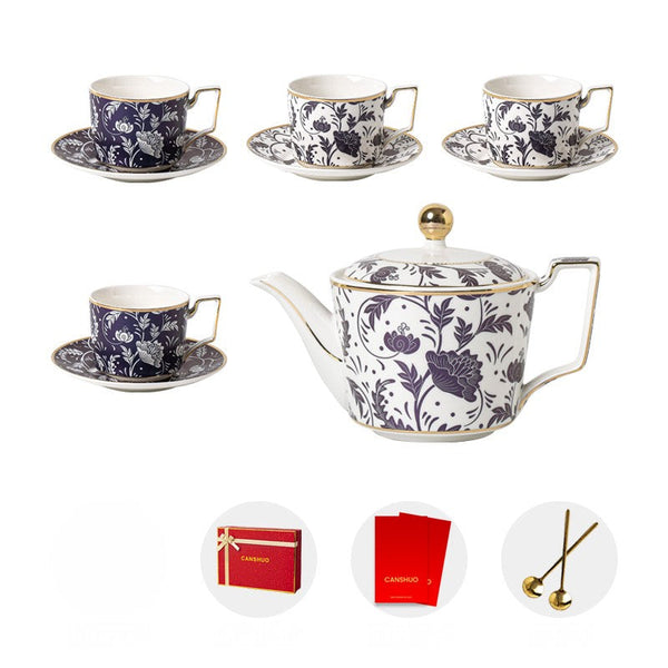 British Traditional Afternoon Tea Cup Set of 4 cups, 8 oz Ceramic Coffee Cup with Saucer in Gift Box, Porcelain Tea Cup and Saucer Set with Teapot-artworkcanvas