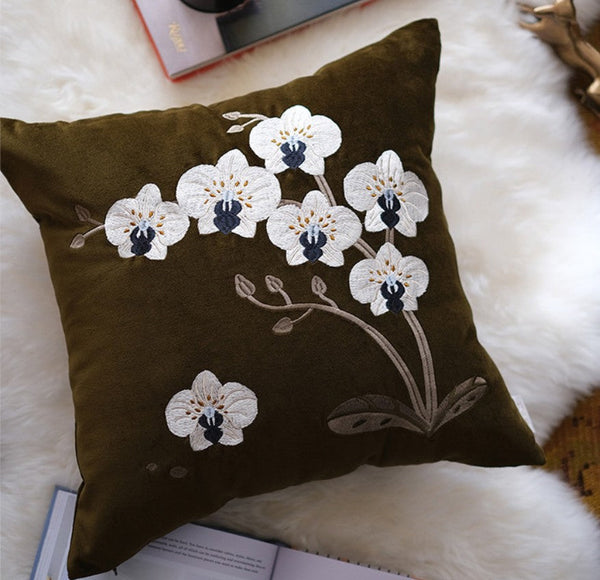 Dark Olive Green Embroidered Moth Orchid Cushion, Large Decorative Pillows for Couch, Decorative Pillow Arrangement Ideas for Couch, Living Room Decorative Pillows, Modern Throw Pillows for Bedroom-artworkcanvas