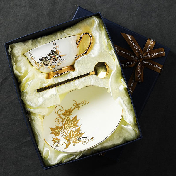 Elegant British Ceramic Coffee Cups, 7.4 oz Golden Leaves and Grapes Porcelain Tea Cup Saucer Set, Unique British Tea Cup and Saucer in Gift Box-artworkcanvas