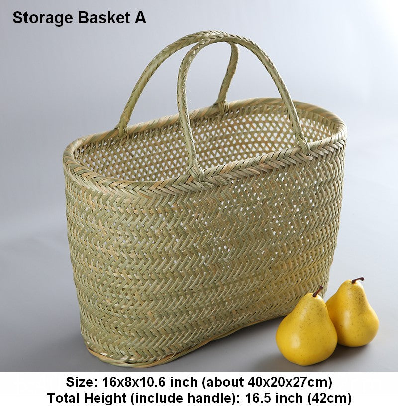 Natural Fruit Basket Kitchen Storage Baskets, Lovely Bamboo Baskets for Vegetable, Picnic Food Basket with Handle, Large Natural Hand-woven Bamboo Basket-artworkcanvas