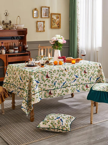 Large Modern Rectangle Tablecloth for Dining Room Table, Bird Flower Pattern Farmhouse Table Cloth, Square Tablecloth for Round Table-artworkcanvas
