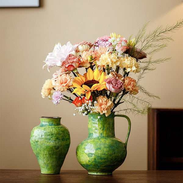Modern Pottery Flower Vases, Handmade Water Holding Flower Vases, Pottery Bud Vases, Large Green Flower Vases on Table, Centerpiece on Dining Table-artworkcanvas