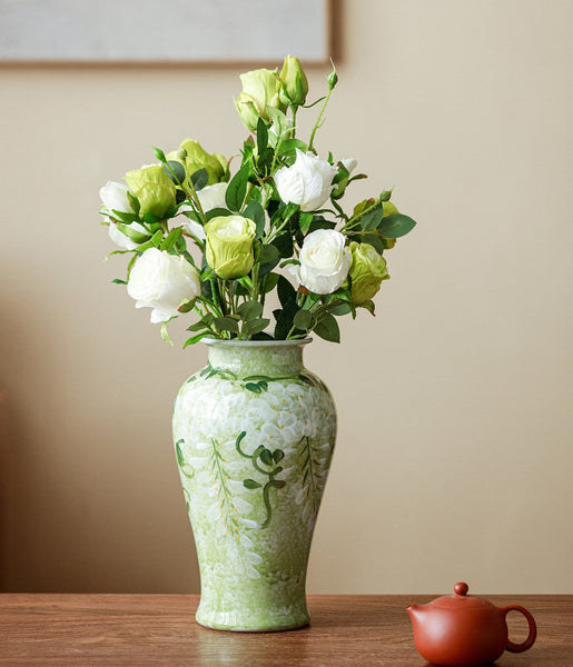 Large Flower Vases on Table, Green Porcelain Flower Vases, Centerpiece Ceramic Bud Vases, Handmade Water Holding Flower Vase-artworkcanvas